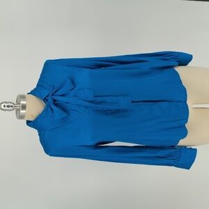 Zara Asymmetrical Collar Button Down Blouse Shirt Blue M bow neck